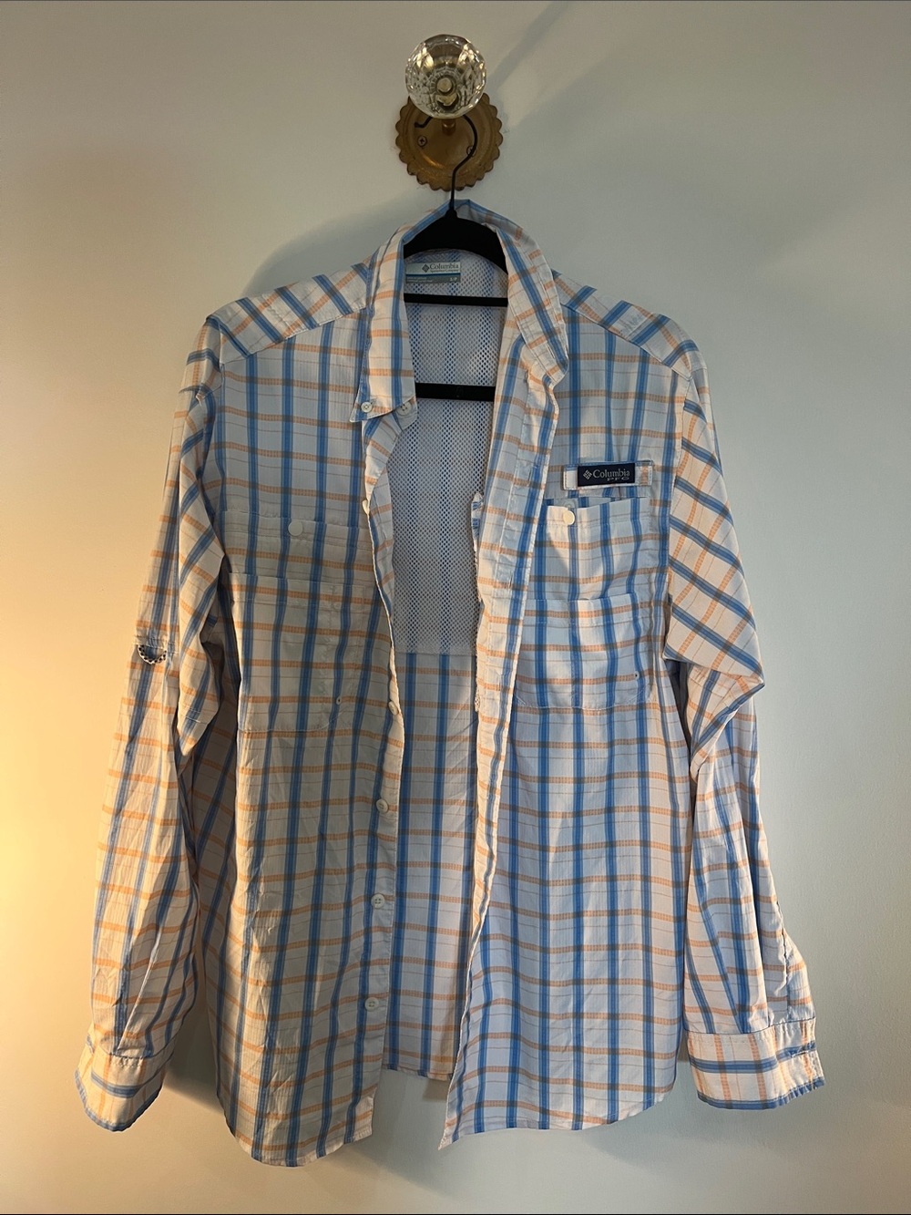 Columbia Men's Long-Sleeve Plaid Shirt - Light Blue & Peach